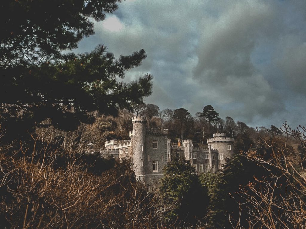 A photo of a castle surrounded by trees in a woodland. 